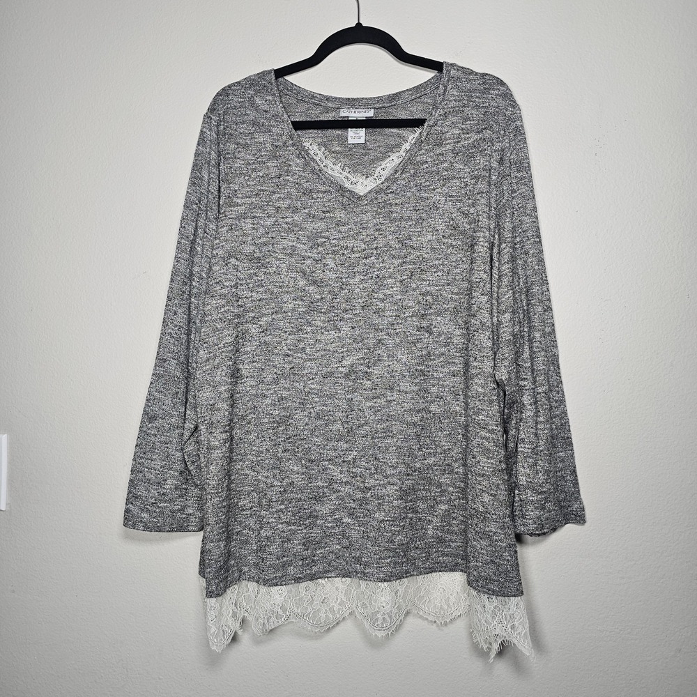 Catherines Womens 1X Gray‎ Lace V-neck Shirt Long Sleeve Sweater Top Office